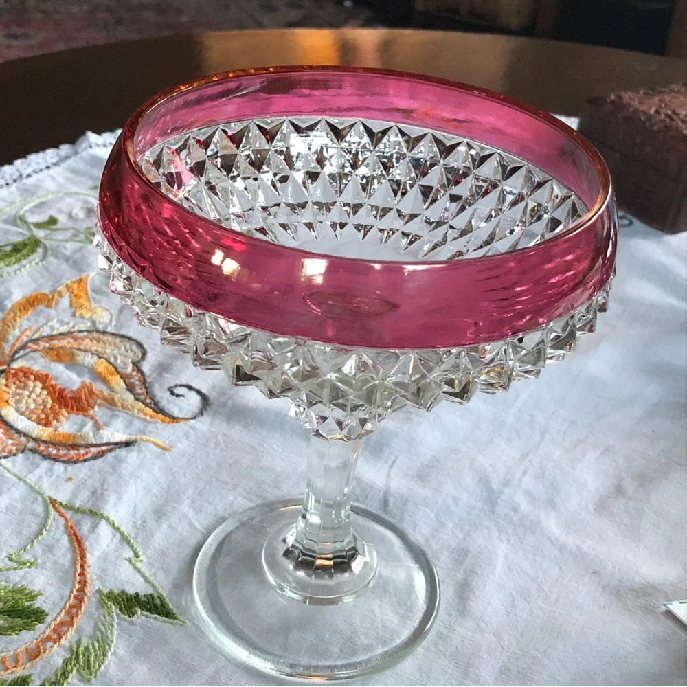Vintage Indiana Glass Diamond Cut Pedestal Compote Dish. Ruby Flashing. 7.5